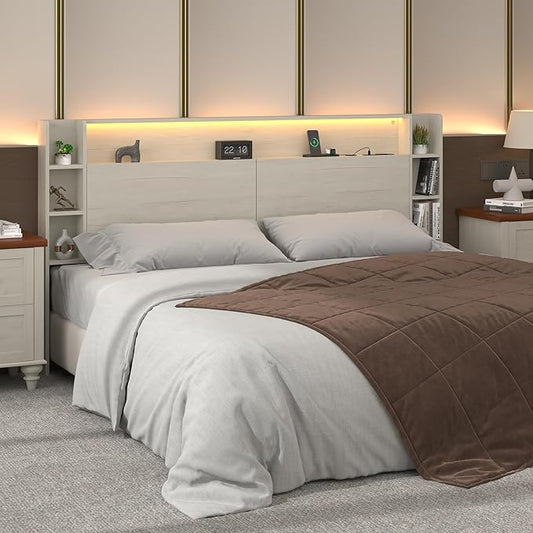 King Headboard Only with Shelves Storage, Headboards with Charging Station 2 USB Ports and LED Light,Sturdy and Stable Modern Sturdy and Stable Wood Bed Board (White, King) | Solid wood leg, chargestation, Storage