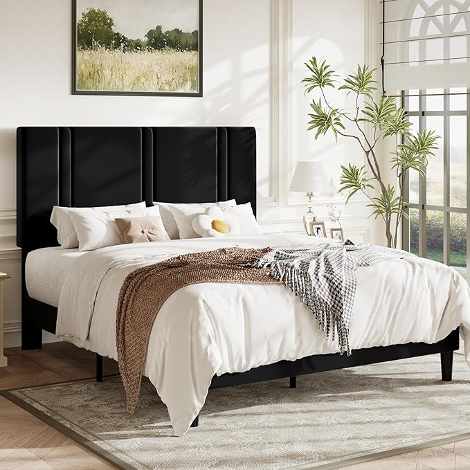 Allewie Full Size Platform Bed Frame with Adjustable Headboard, Plush Velvet Upholstered, Vertical Channel Tufted, Sturdy Wooden Slats, No Box Spring Needed, Easy Assembly, Black