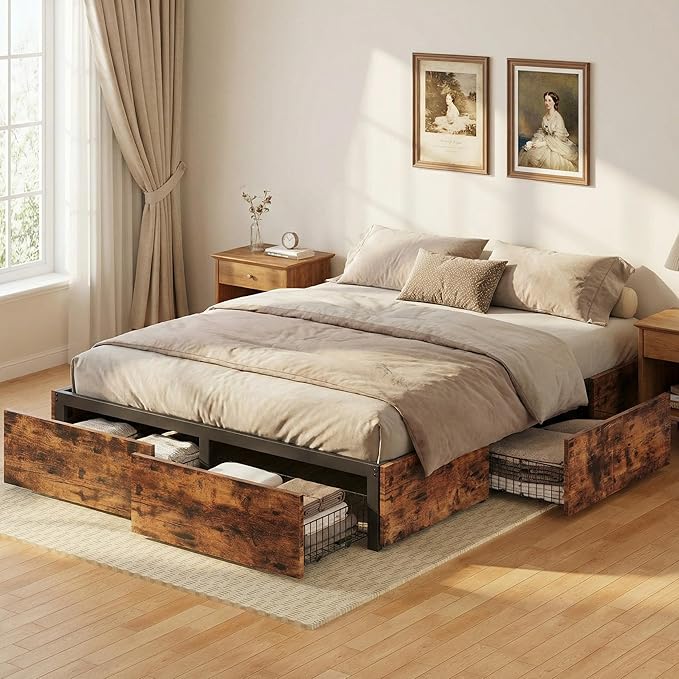 LIKIMIO Queen Bed Frame with Storage, 4 Drawers and Heavy Strong Metal Support Frames, Solid Stable, No Box Spring Needed, Noise-Free, Easy Assembly, Industrial Brown