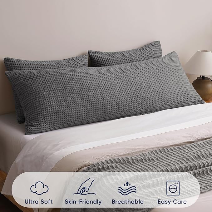PHF Ultra Soft Waffle Weave Body Pillowcase with Zipper, No Insert, 1Pack 20" x 54" Pillow Sham, Breathable & Skin-Friendly Body Pillow case, Stylish Decorative Bed Pillow Cover, Grey