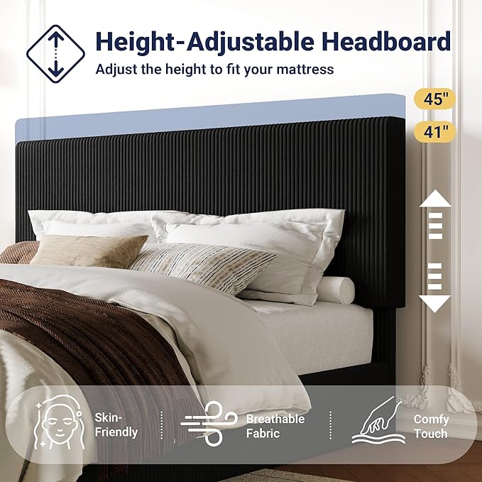 Allewie King Bed Frame, Upholstered Platform Bed, Adjustable Vertical Channel Tufted Headboard, Corduroy Fabric, Modern Low Profile, Wooden Slats, No Box Spring Needed, Easy Assembly, Black