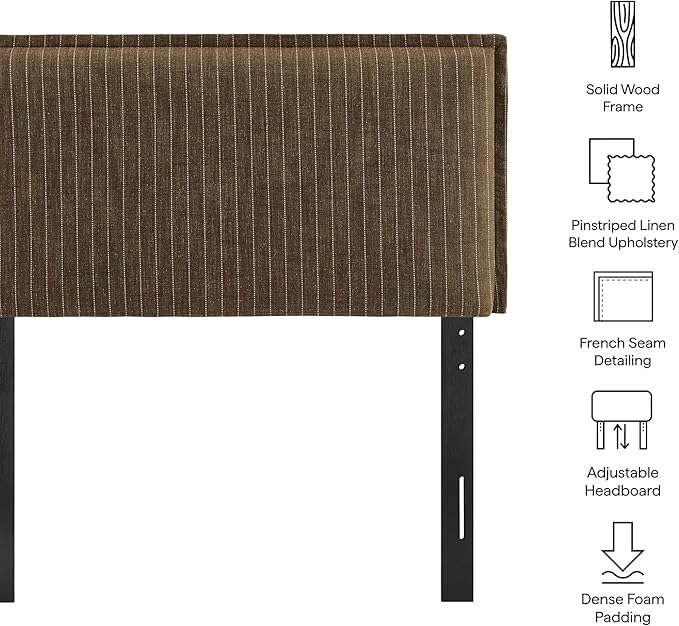 Modway Camille Twin Size Striped Linen Blend Pinstripe Headboard with Removable Slipcover – in Earth Stripe - Padded Pillow Style Headboard with Adjustable Mounting for Twin Beds