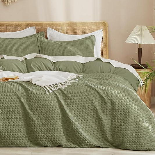 PHF Waffle Duvet Cover Set Twin/Twin XL Size, No Snagging Ultra Soft Luxury Textured Breathable Comforter Cover for All Season 2pcs, Durable Bedding Duvet Set with 1 Pillow Sham, 68"x90", Olive Green