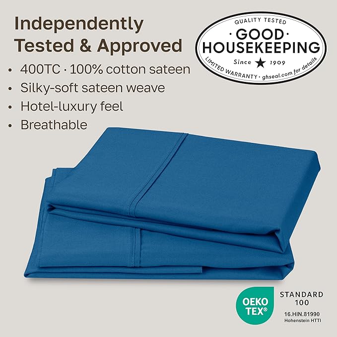 California Design Den King Size Pillow Cases Set of 2-400 Thread Count Sateen, Natural 100% Cotton Pillowcases King, Soft, Roomy and Breathable - Cobalt Blue