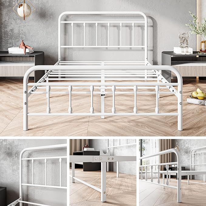 Vintage Full Size Bed Frame with Headboard and Footboard Mattress Heavy Duty Metal Platform Bed Frame Steel Slat Support (Full, White)