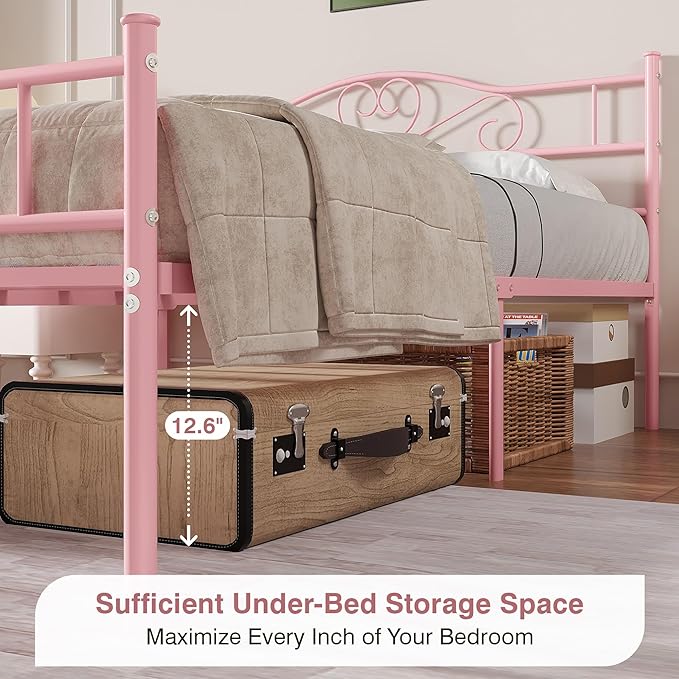 VECELO 14 Inch Full Size Metal Platform Bed Frame with Headboard and Footboard, Heavy Duty Mattress Foundation with Steel Slats Support, No Box Spring Needed, Pink
