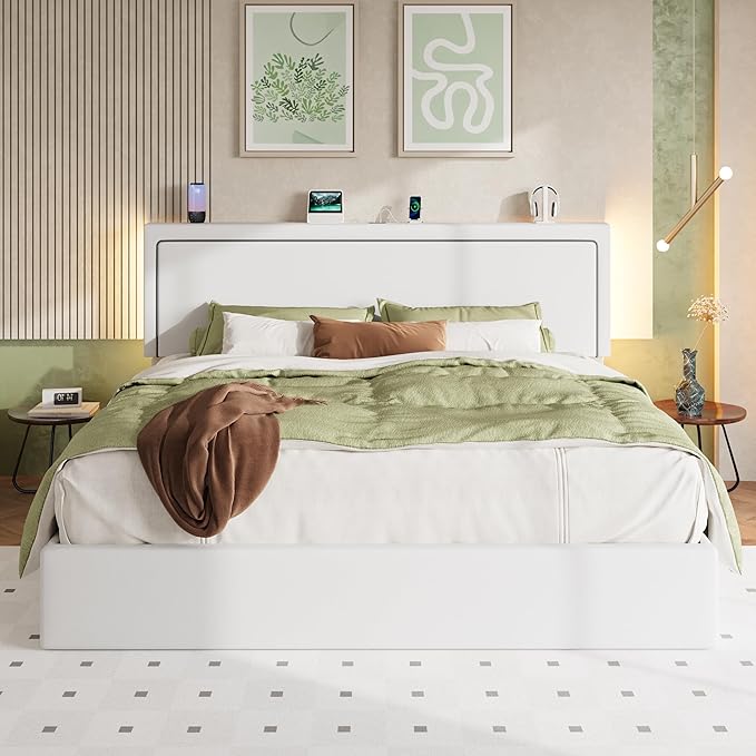 Allewie King Size Lift Up Storage Bed Frame with Charging Station & LED Lights, Adjustable Velvet Upholstered Storage Headboard, Type-C & USB Ports, Hydraulic Support, No Box Spring Needed, White