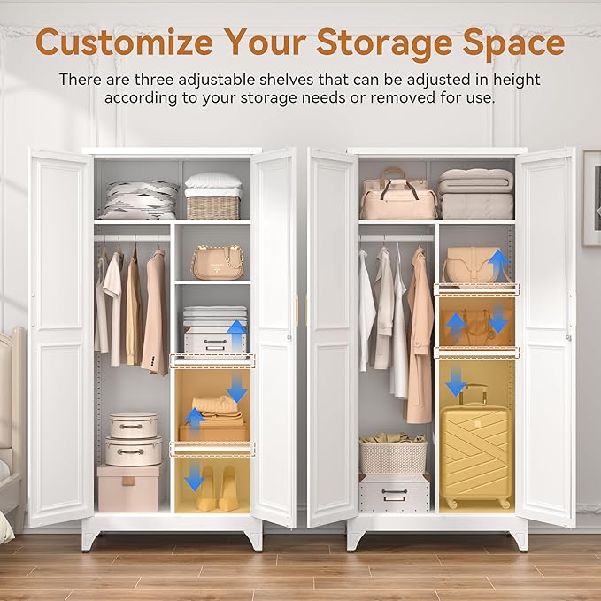 Polup Metal Armoire Wardrobe Closet with Doors, 71" Tall Wardrobe Cabinet with Lock, Hanging Rod and 3 Adjustable Shelves, Steel Clothing Storage Cabinet for Bedroom, Home Office, Employee, Gym, White