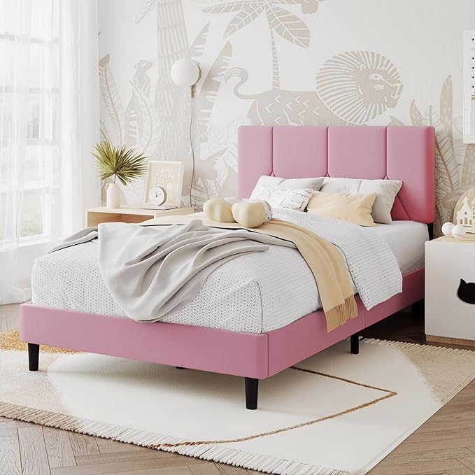 Twin Bed Frame, Padded Platform Bed Frame with Velvet Headboard, Vertical Quilted Design, Sturdy Slatted Mattress Base, No Spring Mattress Required, Easy to Assemble, Pink