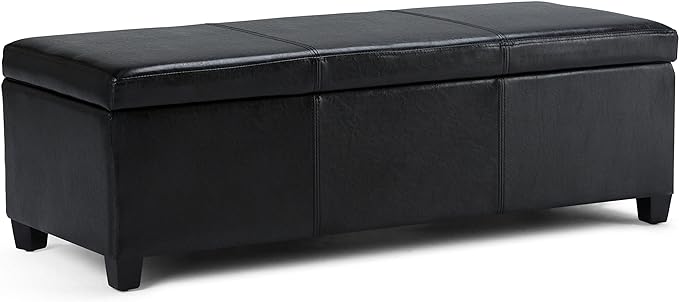 SIMPLIHOME Avalon Storage Ottoman Bench - 48" Wide x 16" High Upholstered Vegan Leather Rectangular Lift-Top Ottoman in Midnight Black, Contemporary Bench for Living Room with High-Density Foam