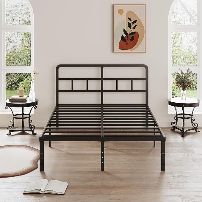 DiaOutro 16 Inch Queen Bed Frame with Headboard No Box Spring Needed, Heavy Duty Metal Queen Size Platform with Steel Slat, Mattress Foundation, Easy Assembly, No Noise, Black