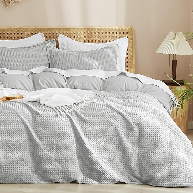 PHF Waffle Weave Duvet Cover Set Twin/Twin XL Size, No Snagging Soft Luxury Textured Breathable Comforter Cover for All Season 2pcs, Durable Bedding Duvet Set with 1 Pillow Sham, 68"x90", Light Grey