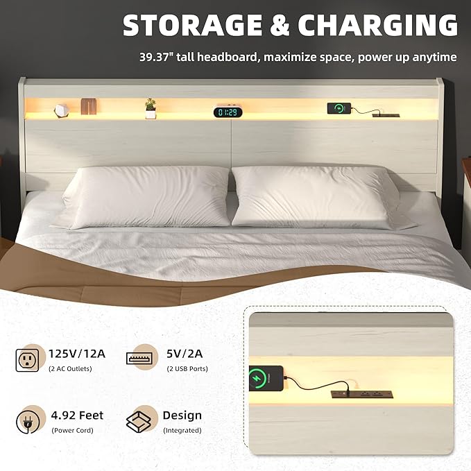 Wooden Headboard Only with Storage, Skirting Groove for Enhanced Stability, Built-in Power Outlet, 2 USB Ports & LED Light - Solid Wood Leg Sturdy Stable Bed Backboard (White, Queen)