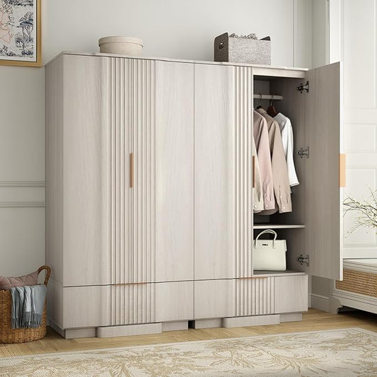 Yechen 67" Fluted Armoire Wardrobe Closet Set of 2 with Doors and Drawer, Wooden Wardrobe Closet Cabinet with Adjustable Shelve, Modern Small Armoires Storage Clothes, Coats for Bedroom, White, 2pcs