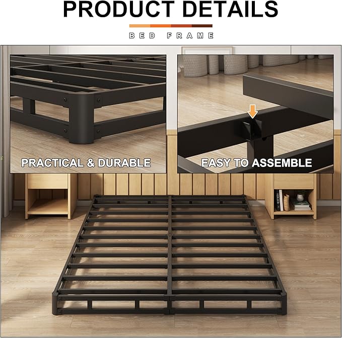 EMODA King Size Box Spring 4 Inch Heavy Duty Bed Base Metal Mattress Foundation with Fabric Cover, 3000LBS Max Weight Capacity, Noise Free, Easy Assembly
