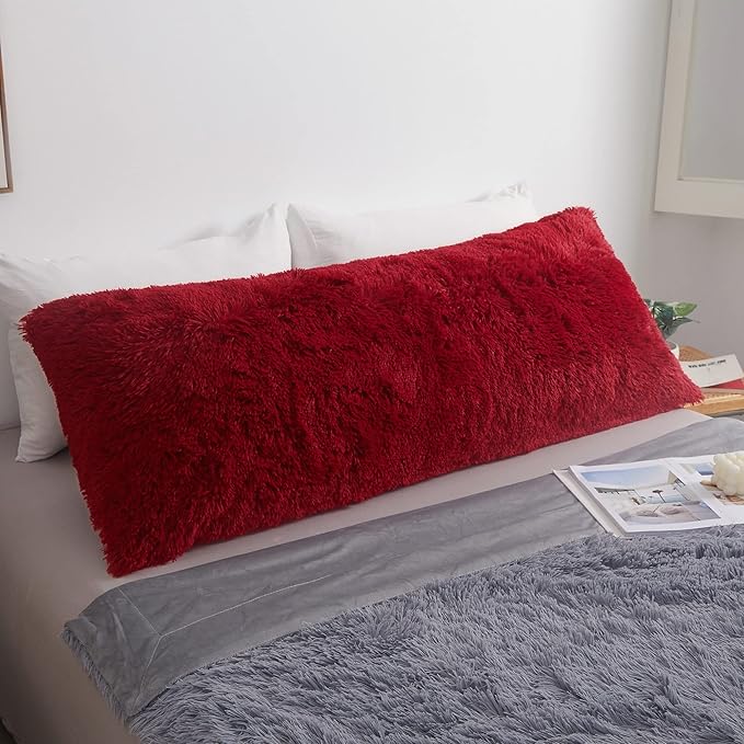 MEGO Luxury Fluffy Body Pillow Cover, 20x54 Shaggy Faux Fur Body Pillow Case, Red Soft Plush Fuzzy Body Pillowcase, Decorative Furry Long Bed Pillow with Zipper Closure Hug Pillow for Bedroom Red