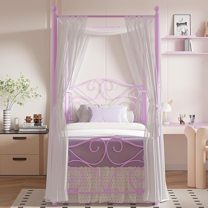 VECELO Metal Canopy Bed Frame Twin Size, 4 Posters Platform Mattress Foundation with Headboard, Heavy Duty Steel Slats Support, No Box Spring Needed, Purple