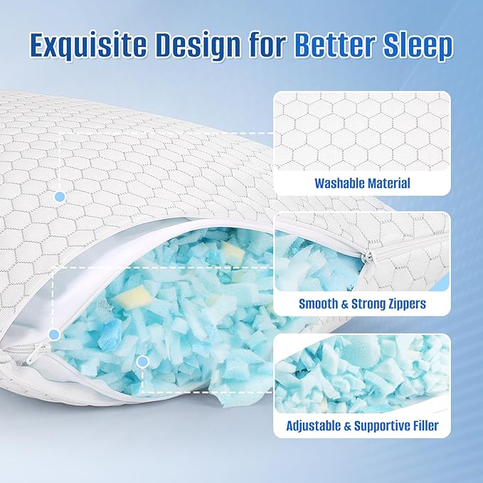 CushyOasis Shredded Memory Foam Pillow for Sleeping, Cooling Bed Pillows Set of 2, Adjustable Pillows for Side, Back, Stomach Sleepers with Washable Pillowcase (King Size, Grey)