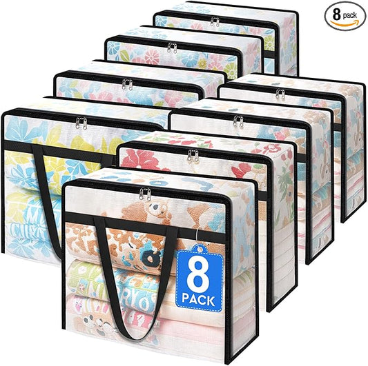 TasticTotes 8 Pack Clear Storage Bags for Comforter, Clothes & Bedding, Plastic Blanket Storage with Zipper and Handle, Moving Bags, Closet Organizer and Under-Bed Storage (60L)