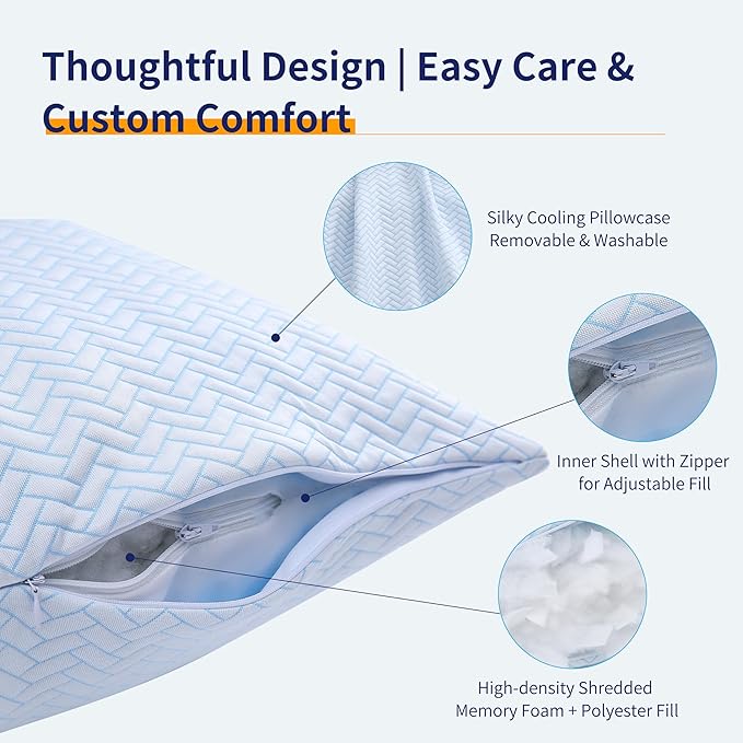 DOWNCOOL Cooling Pillow Queen Size Set of 2, Adjustable Shredded Memory Foam Pillows for Sleeping, Cool Bed Pillows for Hot Sleepers, Supportive Firm Pillow for Side Back Stomach Sleepers, 20X30