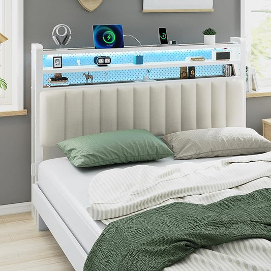 VINGLI Full Size LED Headboard with 3 Storage Shelves and Charging Station, Upholstered Metal Headboard with RGB Lights, USB Ports & Power Outlet for Teens, Apartments and Guest Rooms, White