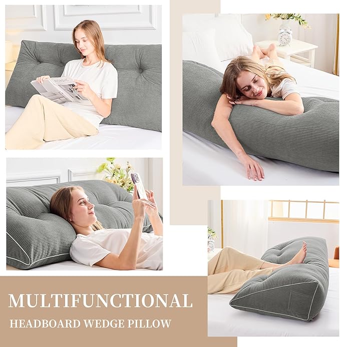 Sasttie Headboard Pillow Twin/Twin XL, Wedge Pillow Headboard for Dorm, Triangular Daybed Backrest Cushion for Sitting or Reading in Bed, with Removable Washable Cover, Light Grey