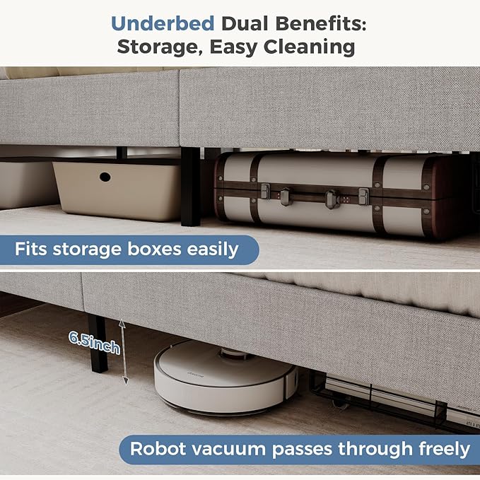 DUMOS Queen Size Upholstered Platform Bed Frame, Queen Bed with Storage Drawers and Fabric Headboard, Wooden Slats Support, 882 lbs Weight Capacity, No Box Spring Needed, Easy Assembly, Beige