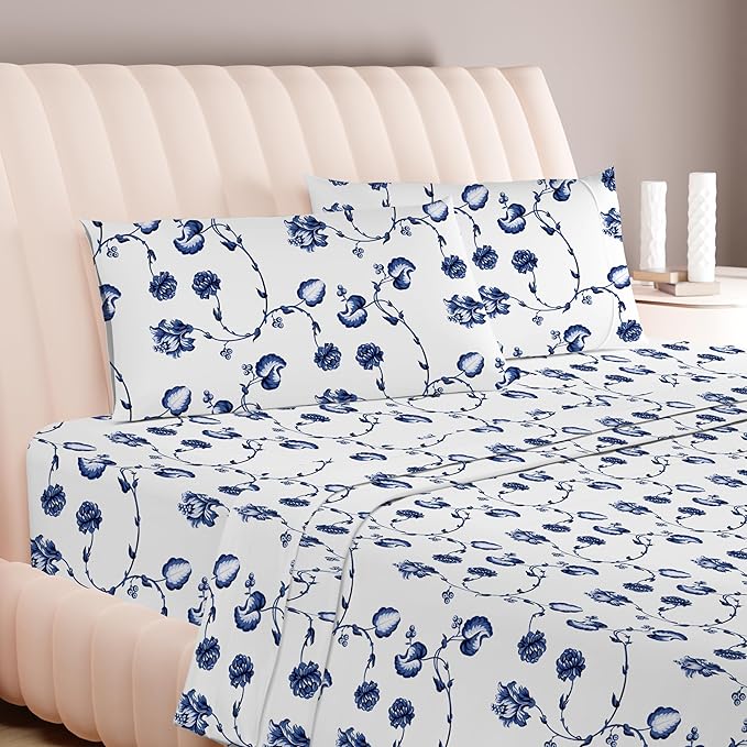 Carressa Linen California King Egyptian Cotton Sheet Sets - 600 Series Hydrangeas Printed Cal King Cotton Sheet Set (4 PC, Floral Blue),16" Deep Pocket Sateen Weave Luxury Hotel Bed Sheets