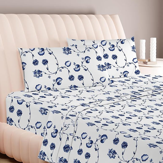 Carressa Linen 100% Egyptian Cotton Full Size Sheets - 600 Series Hydrangeas Printed Full Size Egyptian Cotton Sheets (4 PC, Floral Blue), 16" Deep Pocket Sateen Weave Luxury Hotel Bed Sheet Set