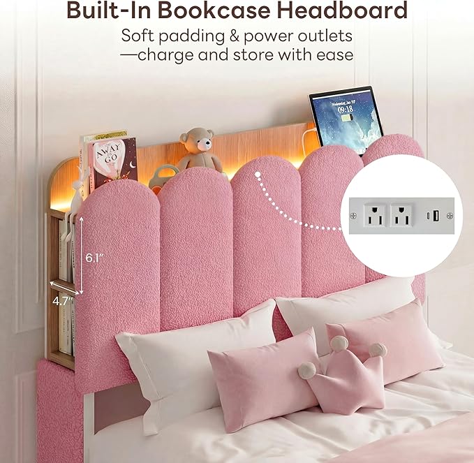 LIKIMIO Twin Bed Frame with 2 DIY Storage Drawers, Bouclé Headboard with Charging Station and LED Lights, Sturdy and Stable, No Box Spring Required, Easy Assembly, Pink