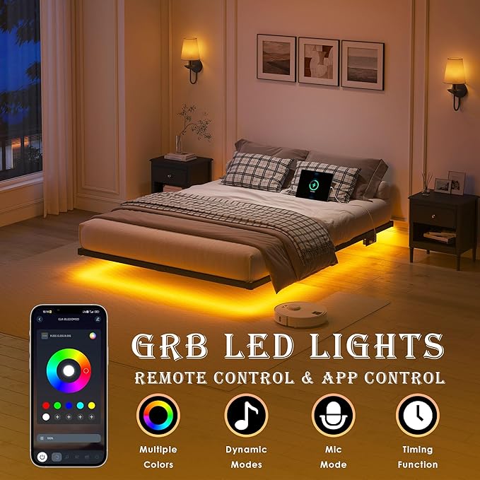 YORMDMO Floating Bed Frame Full Size, Heavy Duty Bedframe with Smart LED Lights & Charging Station, Modern Metal Platform Bed, Easy Assembly No Box Spring Needed, 8 Inch
