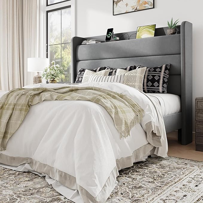 Allewie Full Size Upholstered Bed Frame with Charging Station & Storage Headboard, Soft Velvet Wingback Platform Bed, Strong Wooden Slats Support, No Box Spring Needed, Easy Assembly, Light Grey