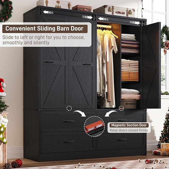 Farmhouse 4 Doors Armoire Wardrobe Closet w/Folding Sliding Barn Door and Lights, LED Armoire Closet w/Drawers for Bedroom, Freestanding Wooden Wardrobe Storage Closets w/Hanging Rod,Rustic Black