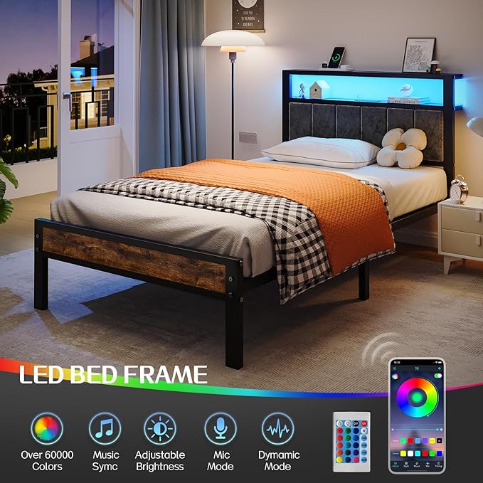 Liians Twin Size Platform Bed Frame with LED Lights, Grey Upholstered Headboard with 2-Tier Storage Shelves, Charging Station, Noise Free, No Box Spring Needed, Easy Assemably