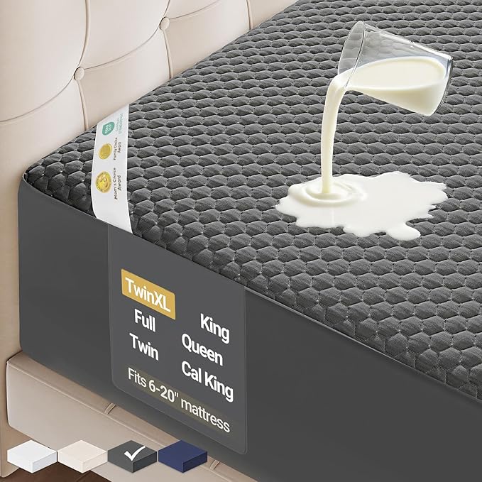 OhGeni 100% Waterproof Mattress Protector, Twin XL-Gray Size Mattress Pad, Fits 6"-20" Mattresses with Deep Pocket, Cooling, Breathable Fitted Sheets, Soft Bed Cover, Noiseless, Machine Washable