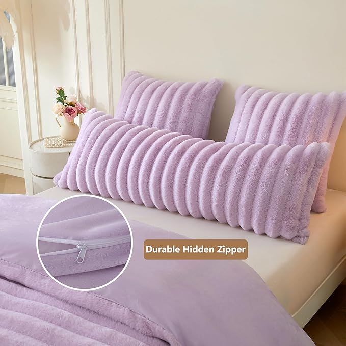 MEGO Fluffy Faux Rabbit Fur Body Pillow Cover, Comfy Plush Fuzzy Striped 20x54 Bedoom Body Pillowcase Light Purple, Shaggy Ribbed Long Bed Pillow Case with Zipper for Kids Girls Teens Adults, Lavender