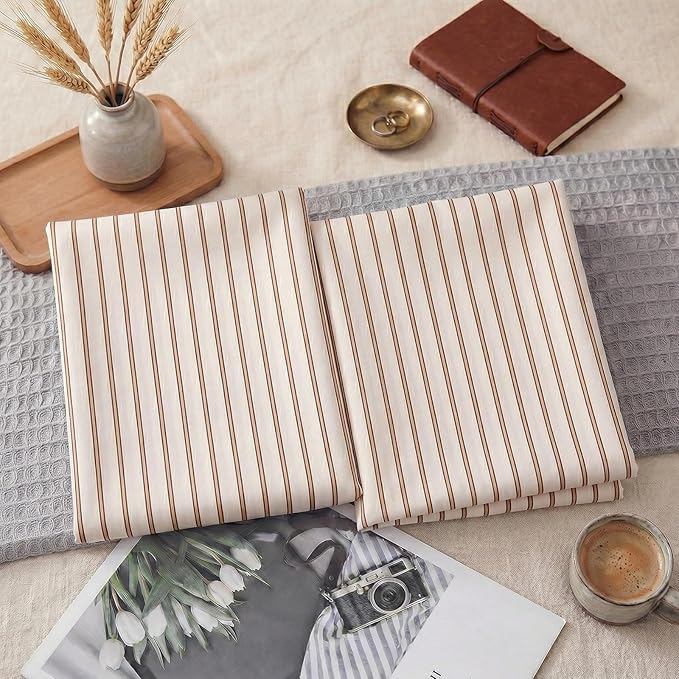 Merryword 100% Cotton Pillow Cases, King Size Pillowcases, Beige and Terracotta Striped Pillowcases, Soft Breathable Engineered Stripes Pillow Covers, Set of 2