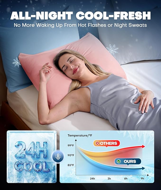 Ultra-Chill Cooling Pillowcase Set of 2 for Hot Sleepers, Softer Than Silk Pillow Cases for Protecting Hair & Skin, Breathable Bed Pillow Covers w/Zipper, Gifts for Women Men (Pink, Queen)