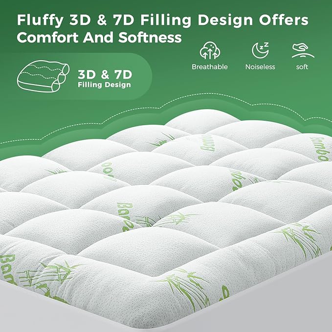HYLEORY Mattress Topper - Thick Bamboo-Viscose Naturally Cooling Pillow Top Mattress Pad Breathable Fluffy Soft Mattress pad for Back Pain Relief, Full Size, Green