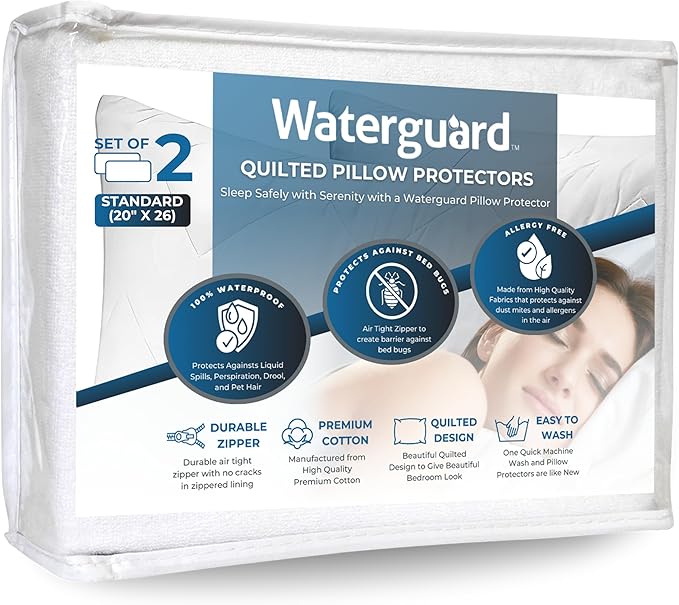 Waterguard Quilted Pillow Protector - Waterproof and Bed Bug Proof Standard Size Zippered Pillow Protector - Luxury Designed Pillowcases Protects Pillows from Dirt, Dust Mites, Stains, & Spills