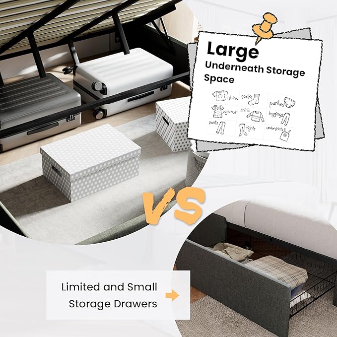 SHA CERLIN Full Size Lift Up Storage Bed Frame,Button Tufted Wingback Headboard,Upholstered Platform,Hydraulic Storage,Wooden Slat Support,No Box Spring,Dark Grey
