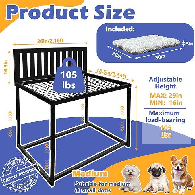 Heavy Duty Dog Bunk Bed, Adjustable Height Metal Dog Bed Frame with Wooden Side Panels & Washable Cushions, Elevated Raised Pet Bed for Large Dogs,26‘’x18.5‘’