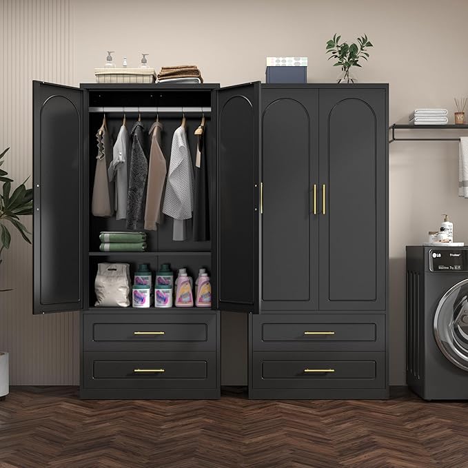 Metal Wardrobe Cabinets with Drawers,Black Armoire Wardrobe Closet with Hanging Rod,Clothes Storage Cabinet with Adjustable Shelves and Doors,Clothing Cabinet for Bedroom, Office, Laundry Room