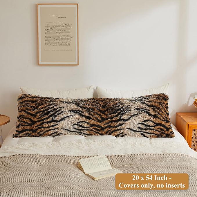 XeGe 20x54 Fluffy Body Pillow Cover, Tiger Print Plush Fuzzy Faux Fur Body Pillowcase with Zipper, Rectangular Shaggy Furry Long Pillow Cover for Pregnant Women Side Sleeper, Tiger Print Brown