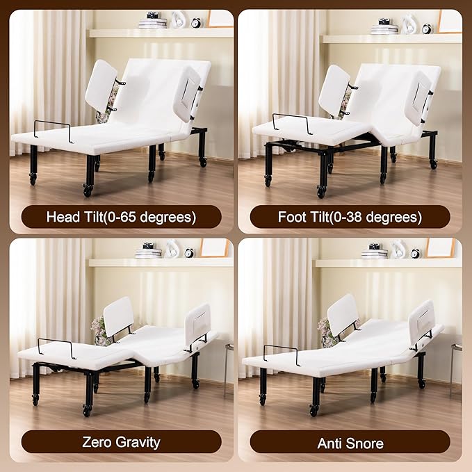 Fromann Twin XL Adjustable Bed Frame with Side Rails for Elders, Adjustable Base with Wheels, Eletric Bed Base Remote & Massage, Zero Gravity, Head and Foot Incline, Nightlights