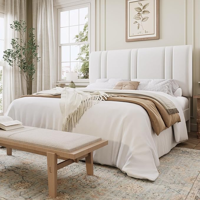 SHA CERLIN Full Size Platform Bed Frame, Velvet Upholstered Bed with Adjustable Headboard, Vertical Channel Tufted Design, Sturdy Wood Slat Support, No Box Spring Needed, Easy Assembly, White