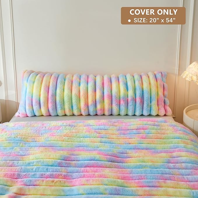 MEGO Fluffy Faux Rabbit Fur Body Pillow Cover, Luxury Plush Fuzzy Striped 20x54 Tie Dye Body Pillowcase Bedroom, Shaggy Furry Zippered Bedroom Long Pillow Case for Pregnant Women Side Sleeper, Rainbow