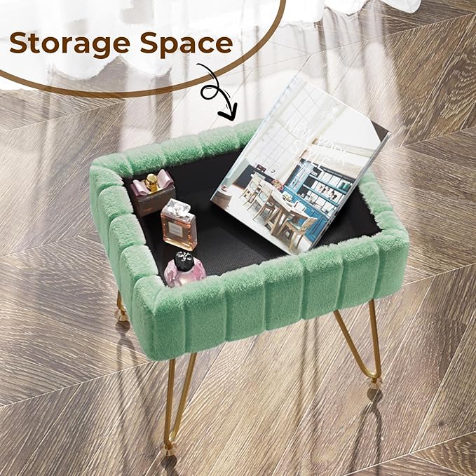 Greenstell Vanity Stool Chair Faux Fur with Storage, 15.7"L x 11.8"W x 19.4"H Soft Ottoman 4 Metal Legs with Anti-Slip Feet, Furry Padded Seat, Modern Multifunctional Chairs for Makeup, Bedroom,Green