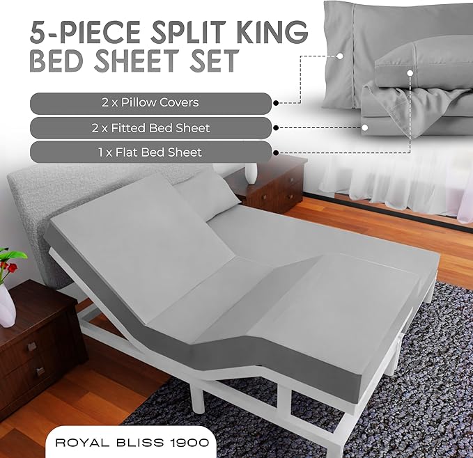 Split King Sheets Set with 2 Twin XL Fitted Sheet - 5 Piece Bedding - Wrinkle Free, Fade Resistant, Double Brushed Microfiber - Deep Pockets/Easy Fit (Silver)