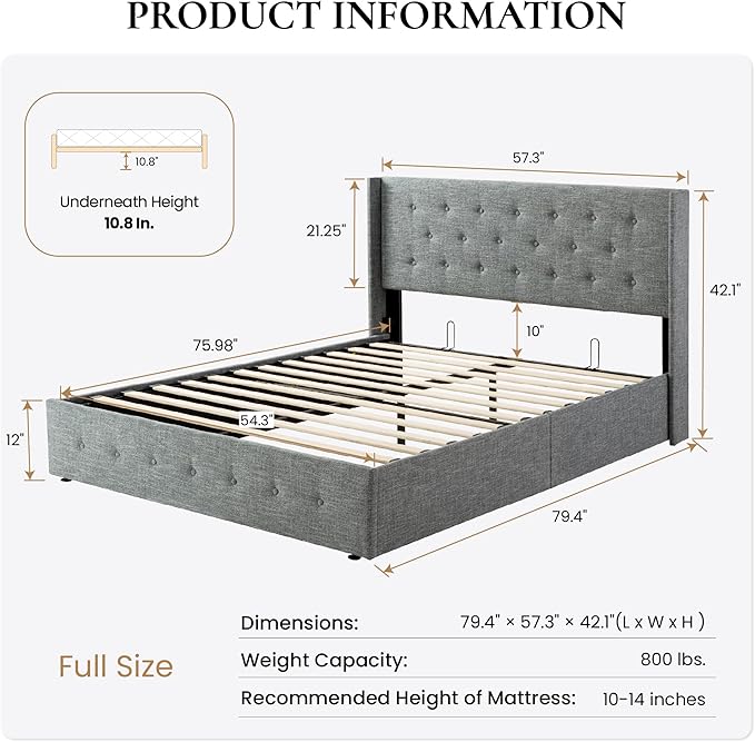 SHA CERLIN Full Size Lift Up Storage Bed Frame,Button Tufted Wingback Headboard,Upholstered Platform,Hydraulic Storage,Wooden Slat Support,No Box Spring,Grey Blue
